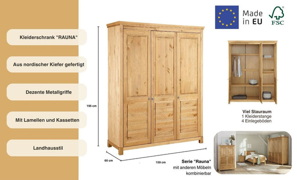 Dulap Rauna din lemn de pin natur cu 3 uși 159 cm lățime - LunaHome.ro
