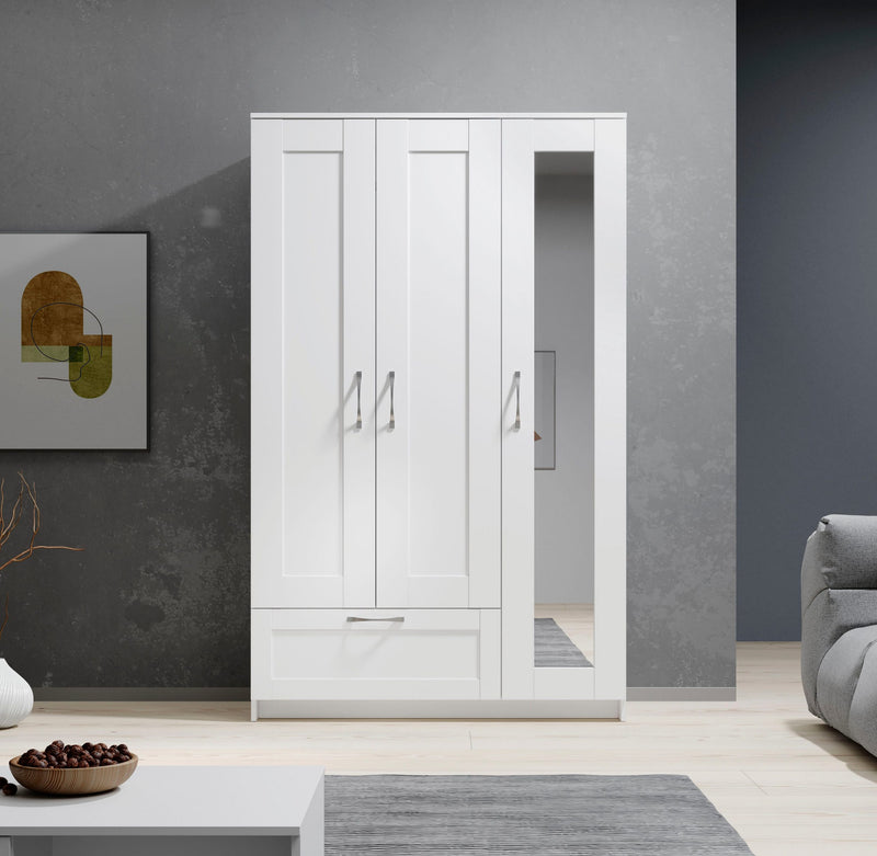 Dulap Salias alb cu 3 usi si un sertar, oglinda, 117 cm latime - LunaHome.ro