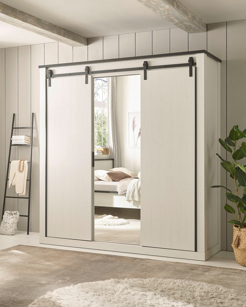 Dulap Sherwood alb cu aspect de lemn, industrial 3 usi, 201 cm latime - LunaHome.ro