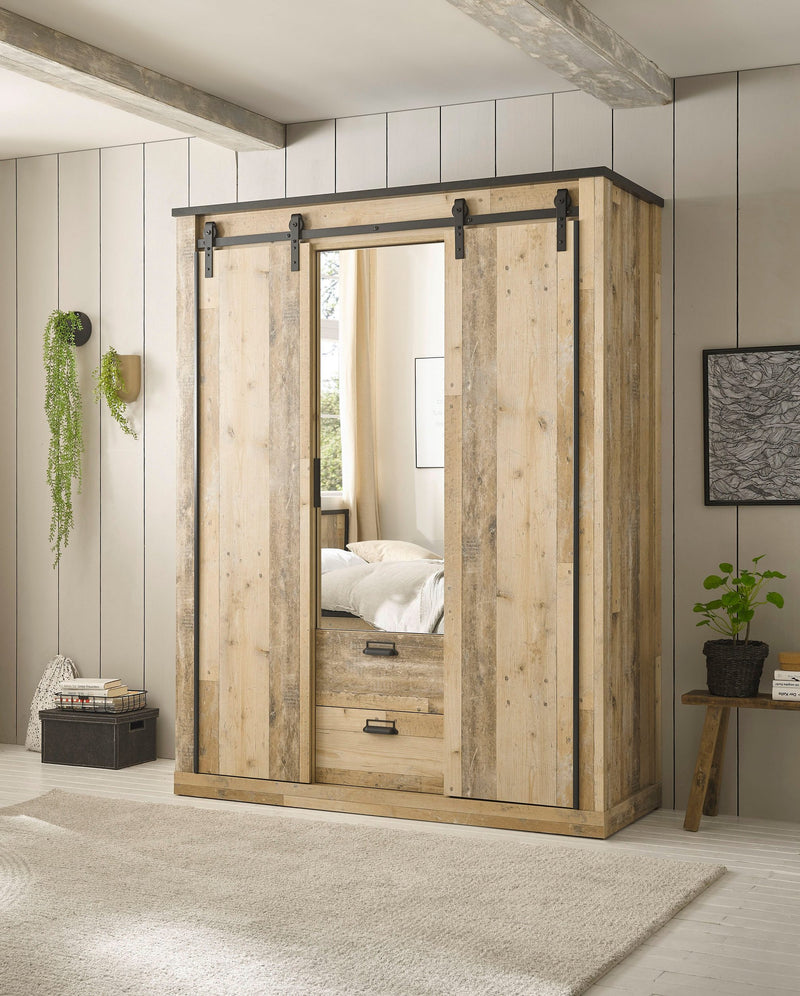 Dulap Sherwood cu aspect de lemn, industrial 3 usi, 161 cm latime - LunaHome.ro