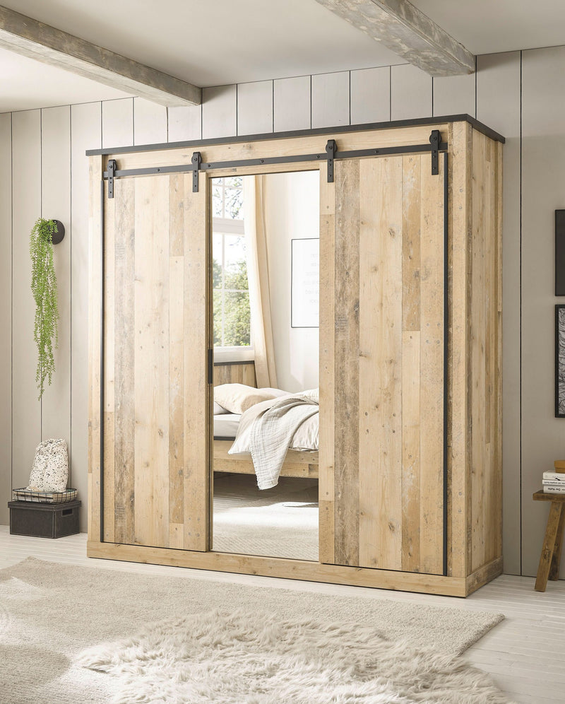 Dulap Sherwood cu aspect de lemn, industrial 3 usi, 201 cm latime - LunaHome.ro
