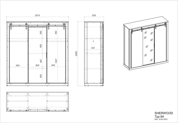 Dulap Sherwood cu aspect de lemn, industrial 3 usi, 201 cm latime