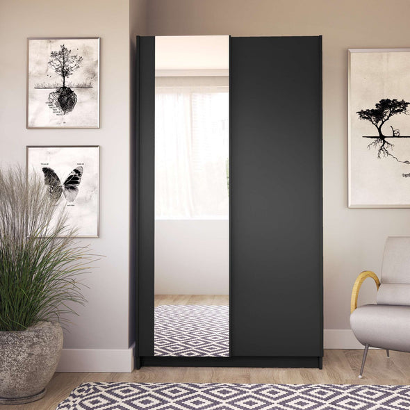 Dulap de dormitor Hildreth grafit cu usi glisante si oglinda 100 cm - LunaHome.ro
