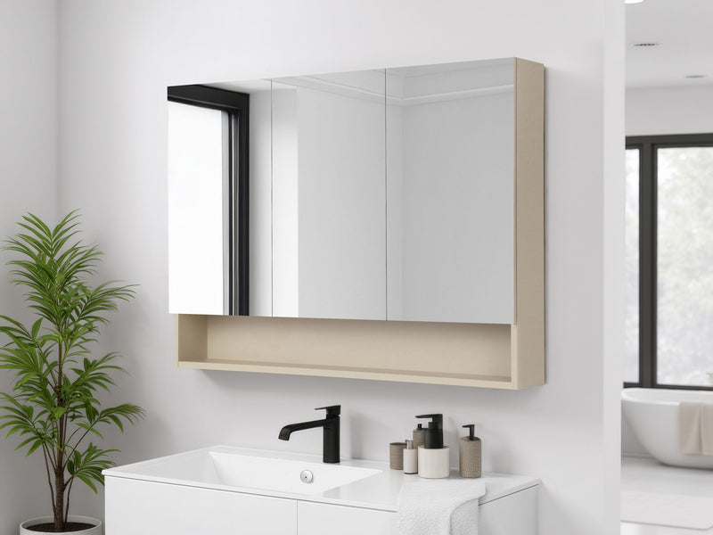 Dulap de baie Florence bej cu 3 uși cu oglindă 100 cm - LunaHome.ro
