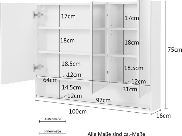Dulap de baie Florence gri cu 3 uși cu oglindă 100 cm - LunaHome.ro