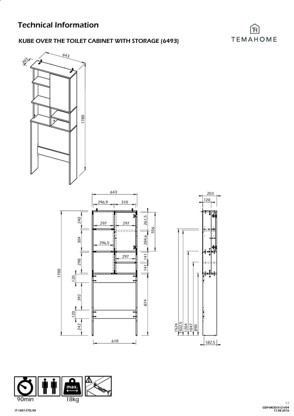 Dulap de baie Kube pentru masina de spalat 64 cm lățime - LunaHome.ro