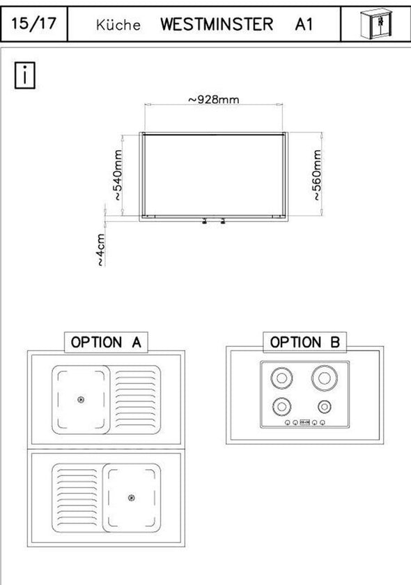 Dulap de bucătărie »WESTMINSTER« alb cu aspect de pin, lățime 100 cm - LunaHome.ro