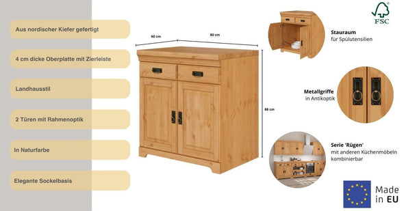Dulap de chiuveta Ruegen din lemn de pin natur 80 cm lățime - LunaHome.ro