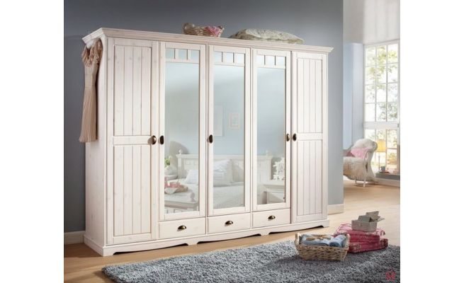 Dulap de dormitor Claudia din lemn de pin masiv alb, 251 cm latime - LunaHome.ro