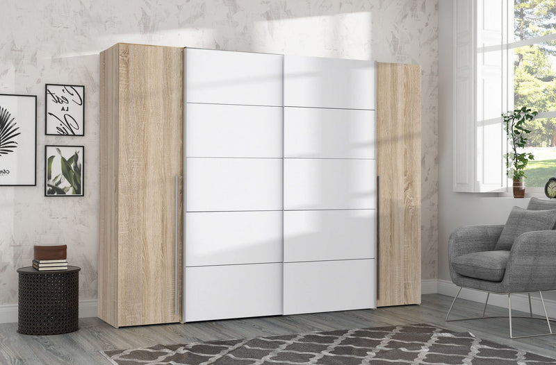 Dulap de dormitor Forte Narago cu 4 usi alb cu stejar, 270 cm latime - LunaHome.ro