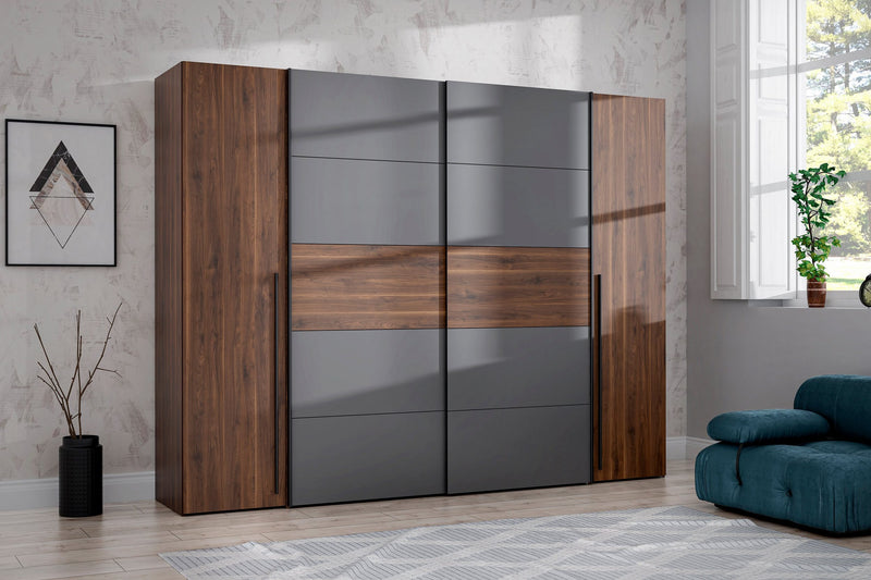 Dulap de dormitor Forte Narago cu 4 usi nuc cu gri 270 cm latime - LunaHome.ro