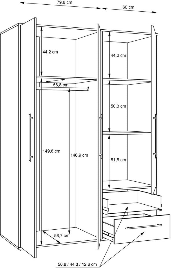Dulap de dormitor Forte alb cu 3 usi si doua sertare 144,4 cm lățime - LunaHome.ro