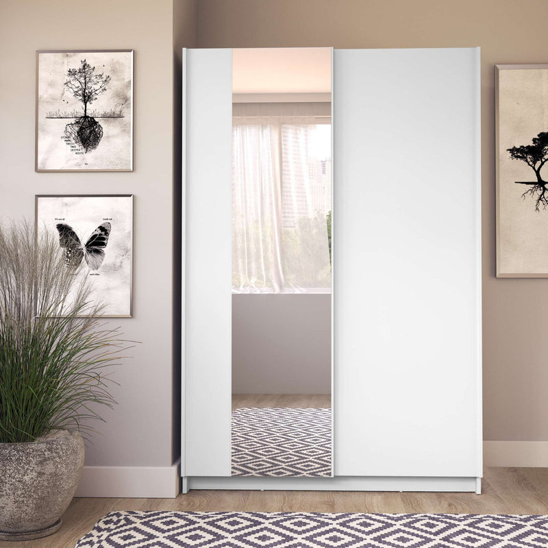 Dulap de dormitor Hildreth alb cu usi glisante si oglinda 120 cm - LunaHome.ro