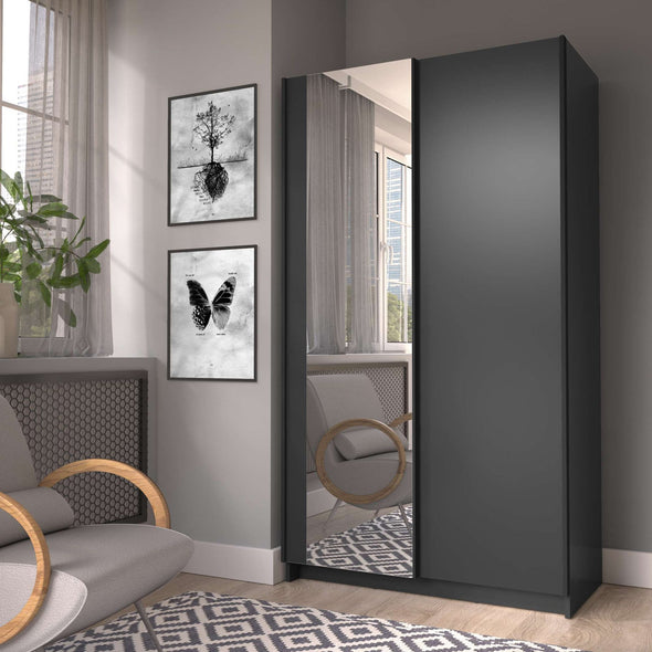 Dulap de dormitor Hildreth grafit cu usi glisante si oglinda 100 cm - LunaHome.ro