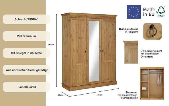 Dulap de dormitor Indra cu 3 usi si oglinda din lemn de pin 145 cm - LunaHome.ro