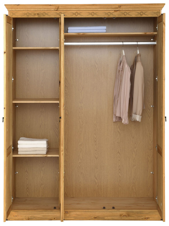 Dulap de dormitor Indra cu 3 usi si oglinda din lemn de pin 145 cm - LunaHome.ro