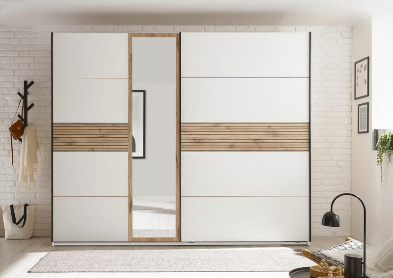 Dulap de dormitor Leo cu usi glisante, oglinda si frezari, 270 cm - LunaHome.ro