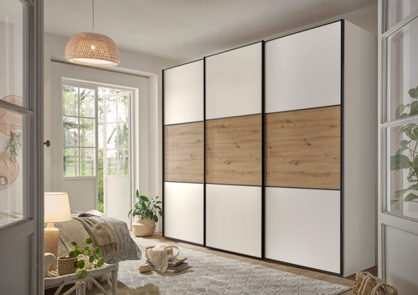 Dulap de dormitor STAUD alb și stejar cu 3 uși glisante 249 cm latime
