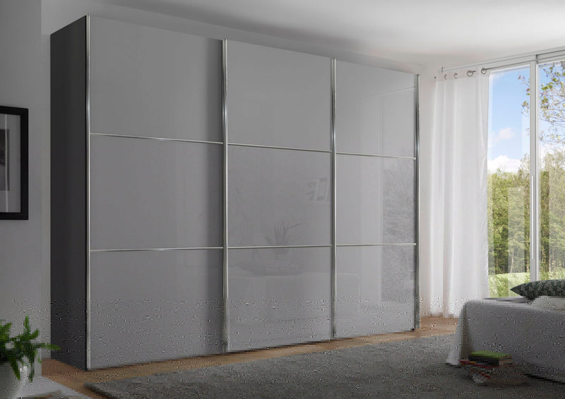 Dulap de dormitor STAUD gri cu 3 uși glisante din sticla, 249 cm latime - LunaHome.ro
