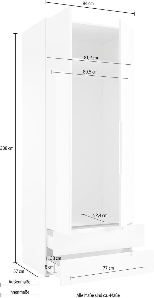 Dulap de dormitor Spice alb lucios cu doua usi si sertare 84 cm