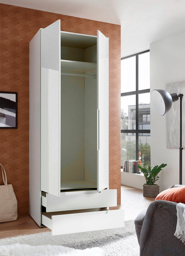 Dulap de dormitor Spice alb lucios cu doua usi si sertare 84 cm