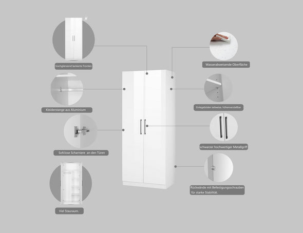 Dulap de dormitor Sylt cu 2 usi alb lucios 80 cm lățime - LunaHome.ro