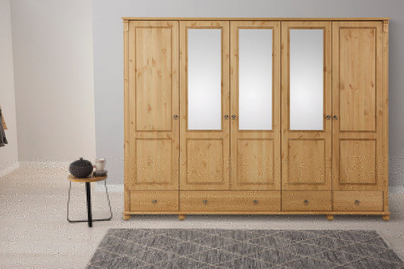 Dulap de dormitor Tessin din lemn de pin natur cu 5 usi 245 cm - LunaHome.ro