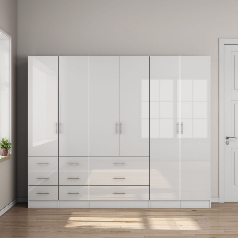 Dulap de dormitor Trento alb lucios configurabil cu 6 usi 240 cm