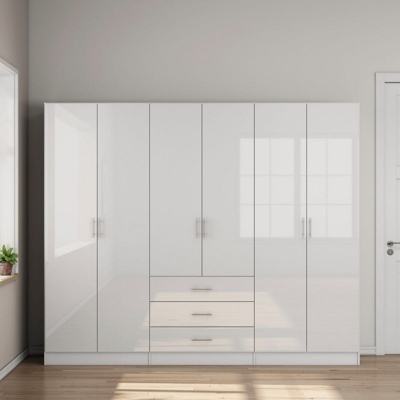 Dulap de dormitor Trento alb lucios cu 6 usi 240 cm