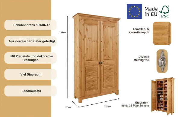 Dulap de pantofi Rauna din lemn de pin natur 113 cm lățime - LunaHome.ro