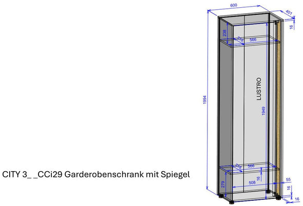 Dulap garderoba City Giron cu o usa cu oglinda antracit 60 cm lățime