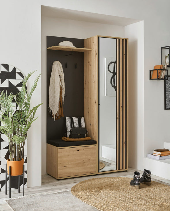 Dulap garderoba compact pentru hol cu bancheta si oglinda 114 cm - LunaHome.ro