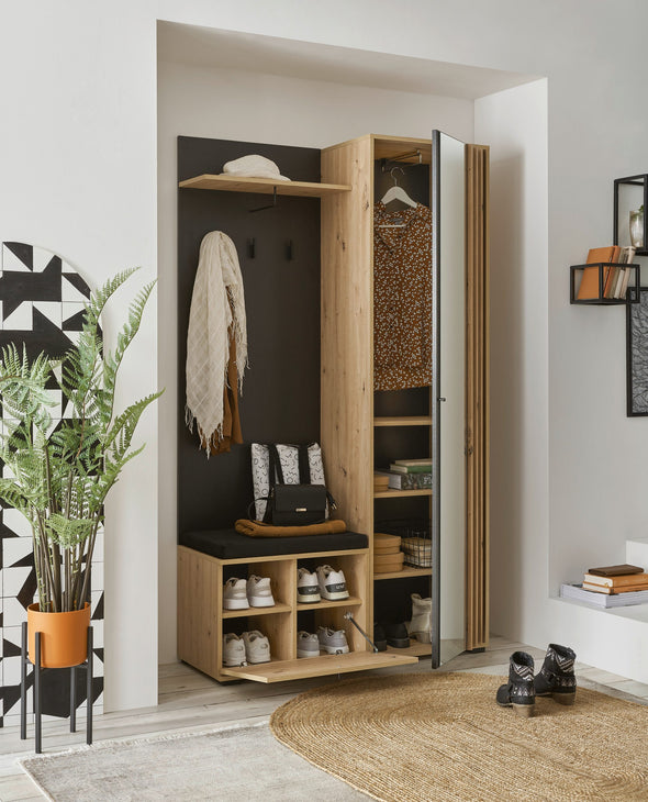 Dulap garderoba compact pentru hol cu bancheta si oglinda 114 cm - LunaHome.ro