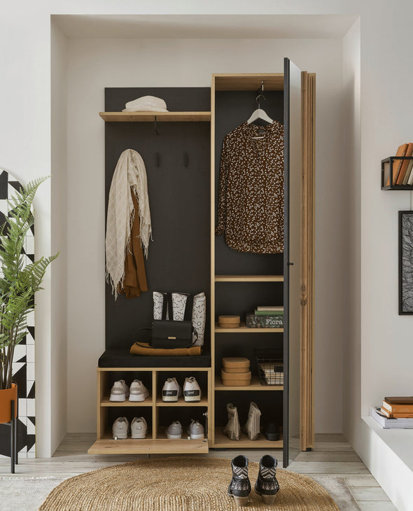 Dulap garderoba compact pentru hol cu bancheta si oglinda 114 cm - LunaHome.ro