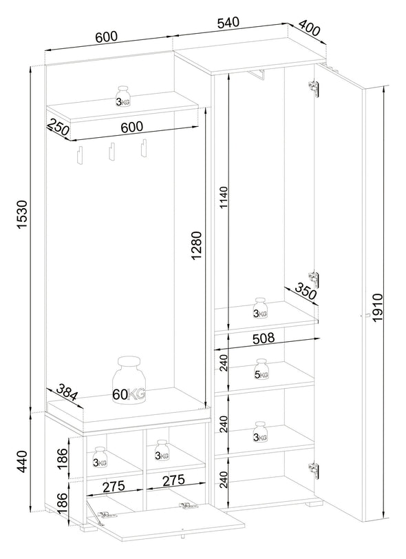 Dulap garderoba compact pentru hol cu bancheta si oglinda 114 cm - LunaHome.ro