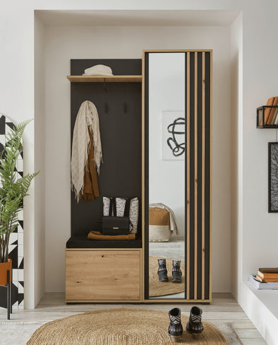 Dulap garderoba compact pentru hol cu bancheta si oglinda 114 cm