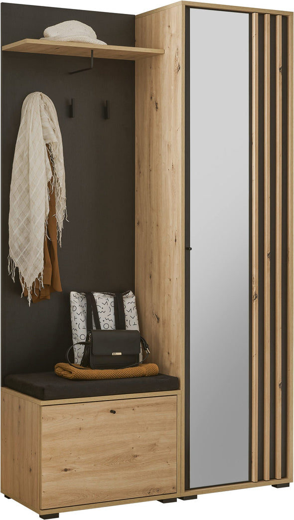 Dulap garderoba compact pentru hol cu bancheta si oglinda 114 cm - LunaHome.ro