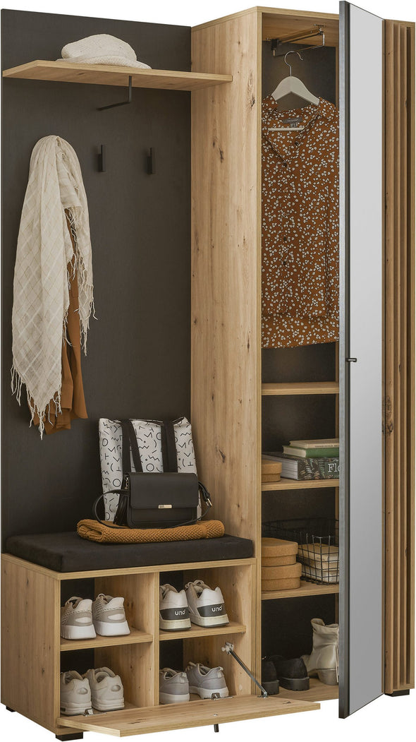 Dulap garderoba compact pentru hol cu bancheta si oglinda 114 cm - LunaHome.ro