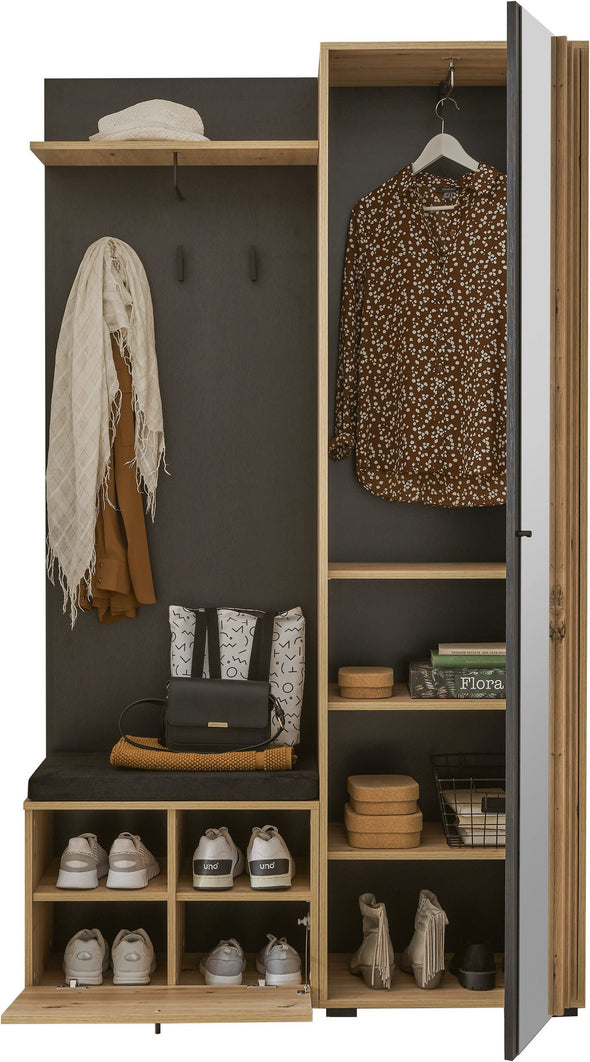 Dulap garderoba compact pentru hol cu bancheta si oglinda 114 cm - LunaHome.ro