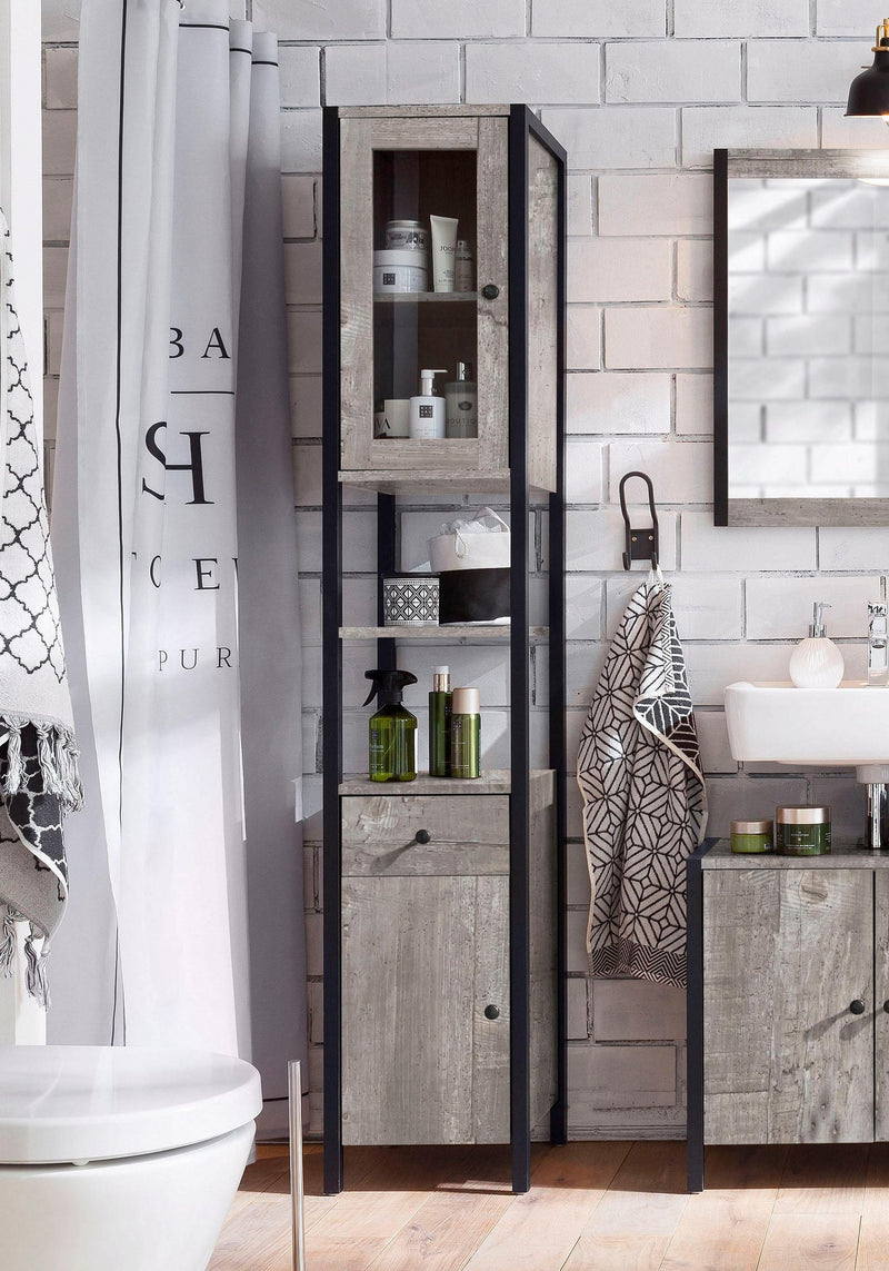 Dulap inalt cu vitrina Chris, gri beton, 33 cm lățime - LunaHome.ro