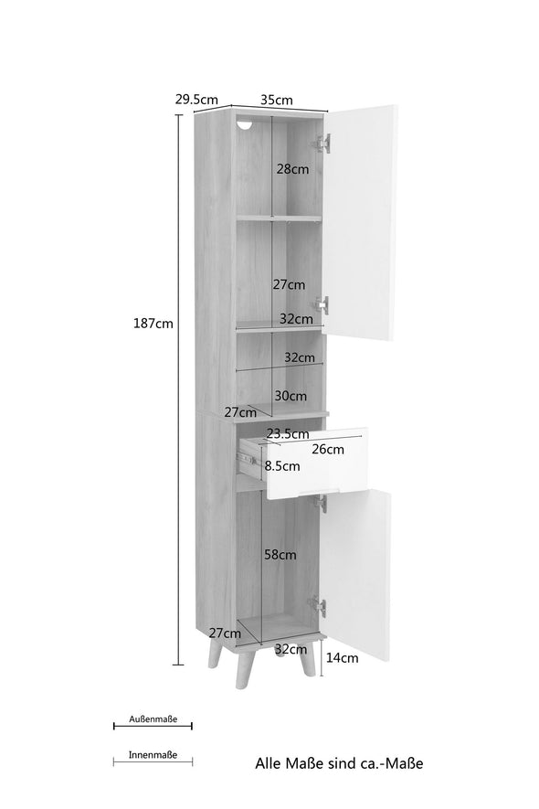 Dulap înalt de baie Lund Design cu usi gri, 35 cm lățime - LunaHome.ro