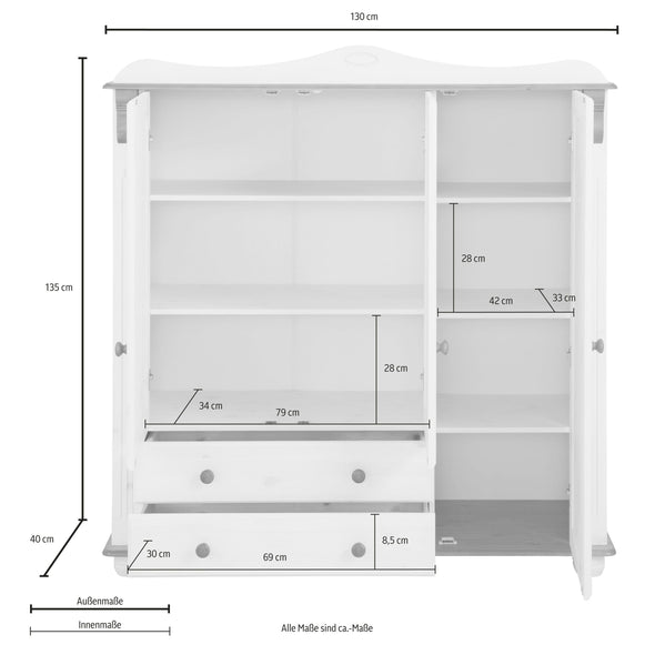 Dulap midi Adele din lemn de pin alb rustic 130 cm lățime - LunaHome.ro