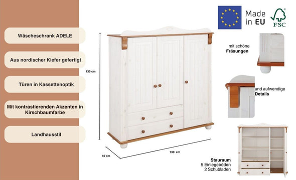 Dulap midi Adele din lemn de pin alb rustic 130 cm lățime - LunaHome.ro