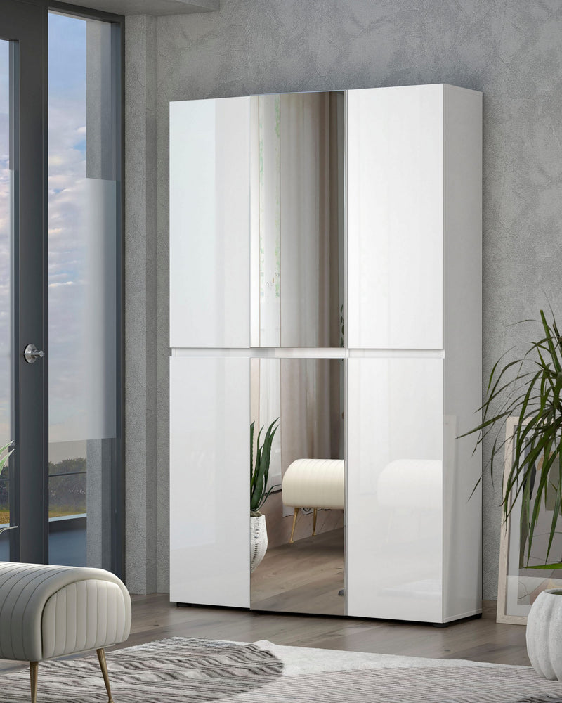 Dulap pantofi KITALY Mister cu 6 usi alb cu oglinzi 120 cm lățime - LunaHome.ro