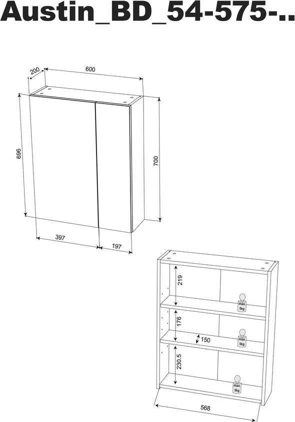 Dulap suspendat de baie Austin cu oglinzi 60 cm lățime - LunaHome.ro
