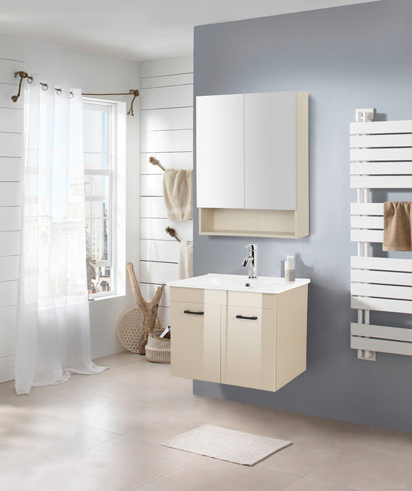 Dulap suspendat de baie crem cu 2 uși cu oglindă 60 cm