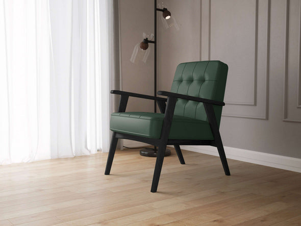 Fotoliu Alvared cu aspect de piele verde si cadru din fag - LunaHome.ro