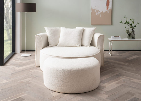 Fotoliu Isalie XXL din boucle pufos crem cu taburet 153 cm