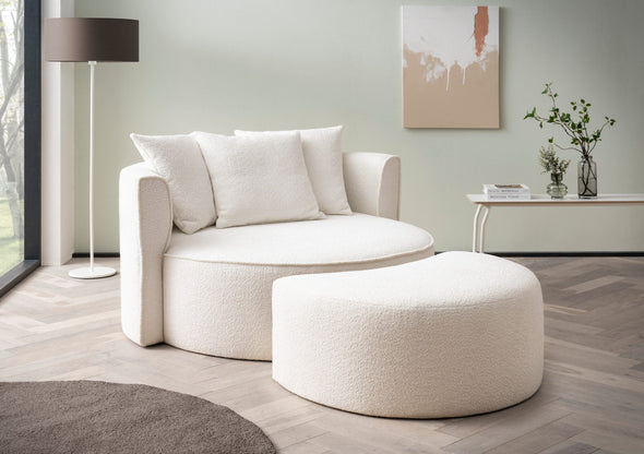 Fotoliu Isalie XXL din boucle pufos crem cu taburet 153 cm
