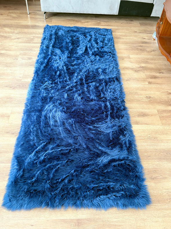 Covor de blana eco Valeria, foarte moale si pufos albastru 90x250 cm - LunaHome.ro